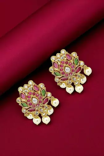 Gold plated stone studded drop earrings