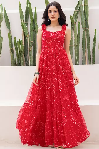 Red heavy digital printed faux georgette anarkali fully flared gwon style