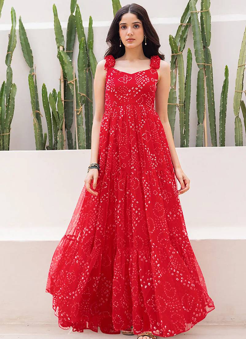 Red heavy digital printed faux georgette anarkali fully flared gwon style