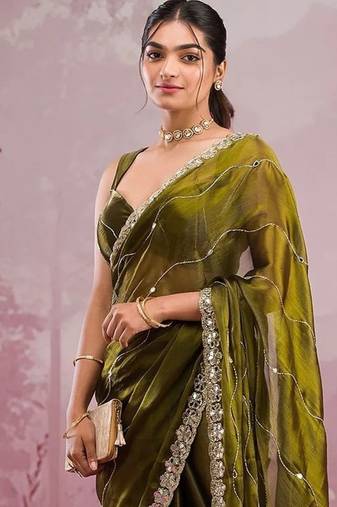 Mehendi Color Glitter Dori  And Real Mirror Work Organza Silk Sasree