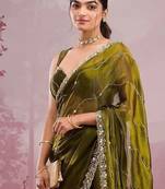 Mehendi Color Glitter Dori  And Real Mirror Work Organza Silk Sasree