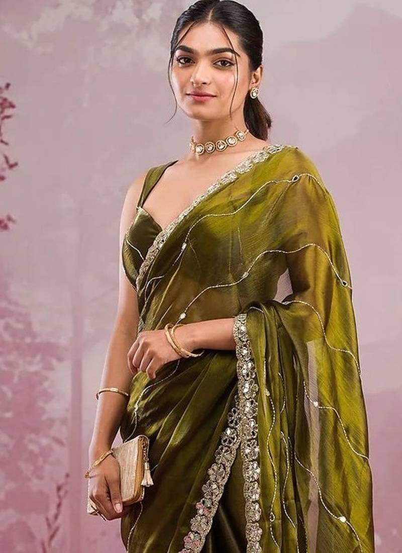 Mehendi Color Glitter Dori  And Real Mirror Work Organza Silk Sasree