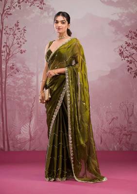 Mehendi Color Glitter Dori  And Real Mirror Work Organza Silk Sasree 2