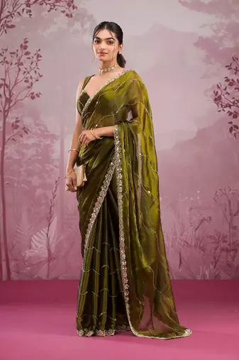Mehendi Color Glitter Dori  And Real Mirror Work Organza Silk Sasree