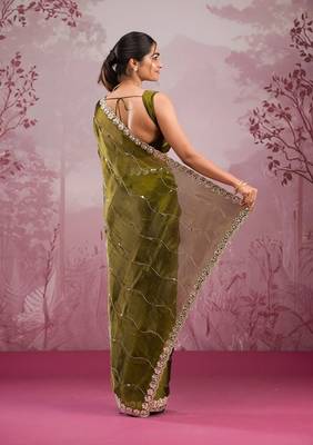 Mehendi Color Glitter Dori  And Real Mirror Work Organza Silk Sasree 3