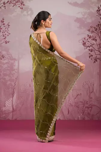 Mehendi Color Glitter Dori  And Real Mirror Work Organza Silk Sasree