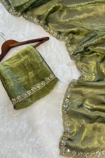 Mehendi Color Glitter Dori  And Real Mirror Work Organza Silk Sasree