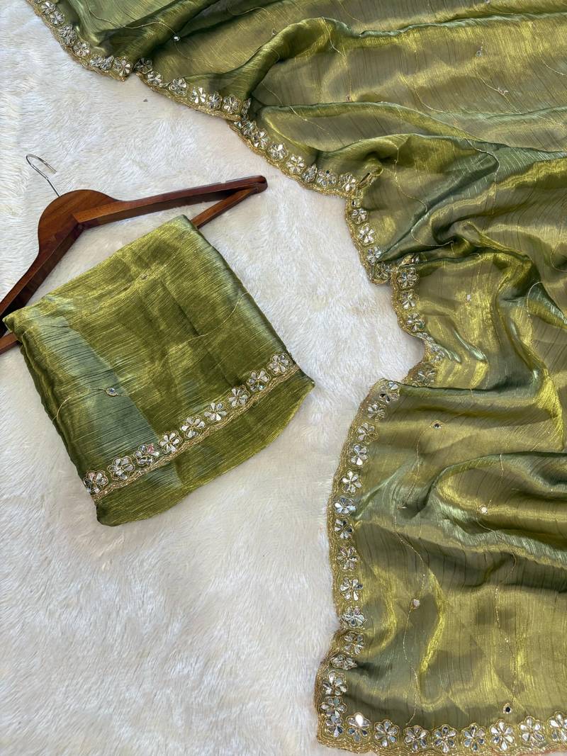 Mehendi Color Glitter Dori  And Real Mirror Work Organza Silk Sasree