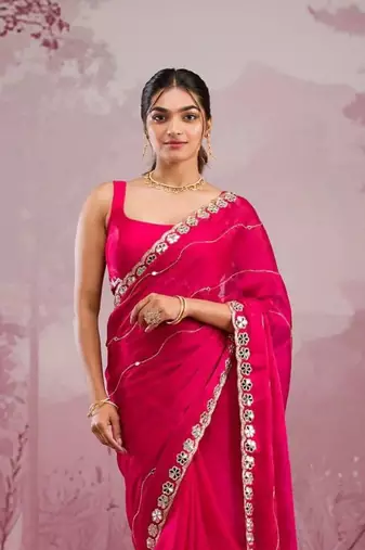 Red Color Glitter Dori  And Real Mirror Work Organza Silk Sasree