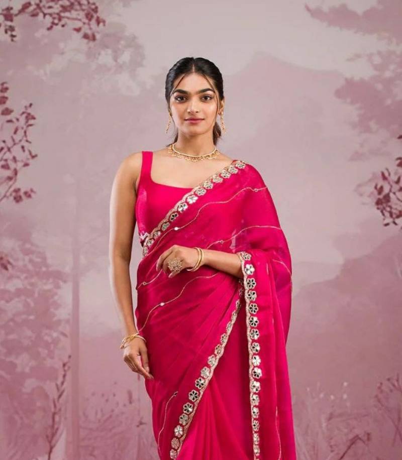 Red Color Glitter Dori  And Real Mirror Work Organza Silk Sasree