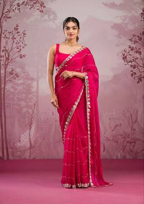 Red Color Glitter Dori  And Real Mirror Work Organza Silk Sasree 2