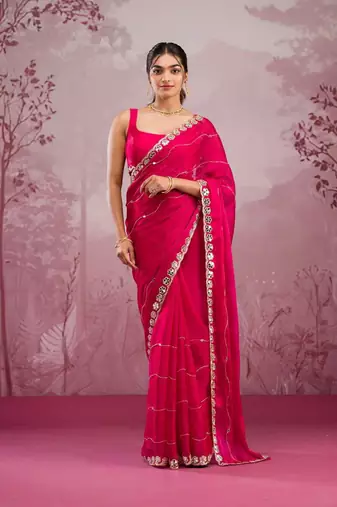 Red Color Glitter Dori  And Real Mirror Work Organza Silk Sasree