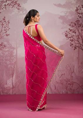 Red Color Glitter Dori  And Real Mirror Work Organza Silk Sasree 3