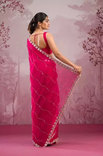 Red Color Glitter Dori  And Real Mirror Work Organza Silk Sasree