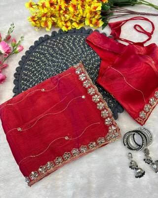 Red Color Glitter Dori  And Real Mirror Work Organza Silk Sasree 4