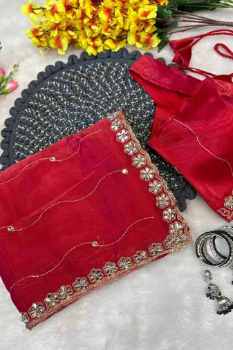 Red Color Glitter Dori  And Real Mirror Work Organza Silk Sasree