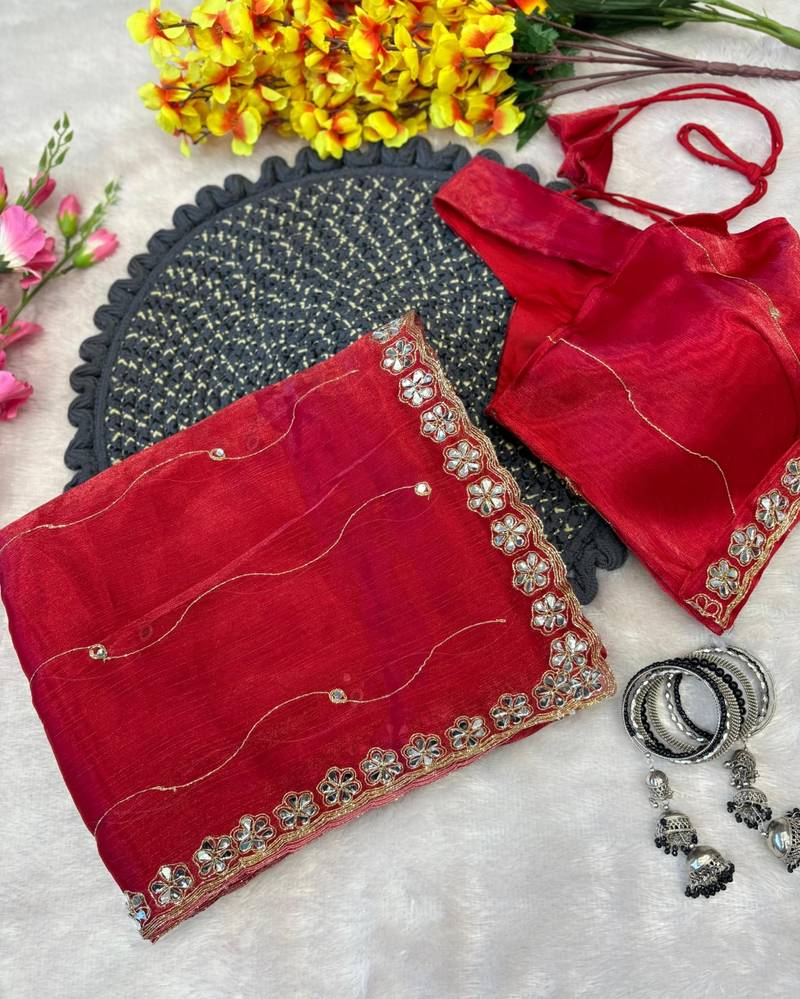 Red Color Glitter Dori  And Real Mirror Work Organza Silk Sasree