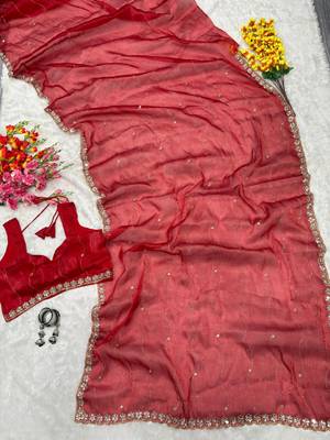 Red Color Glitter Dori  And Real Mirror Work Organza Silk Sasree 5