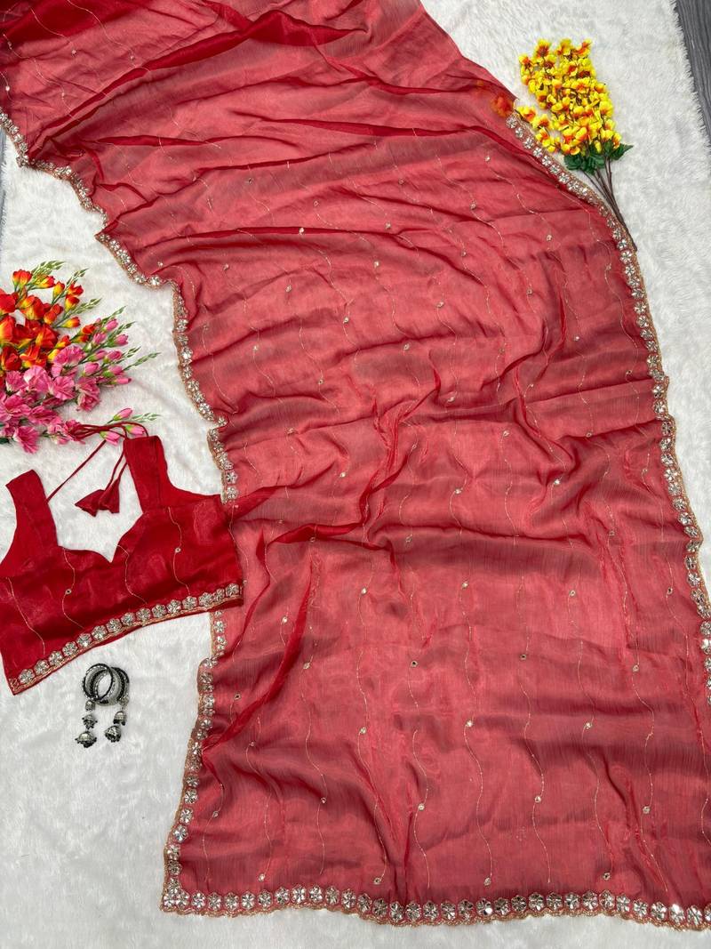 Red Color Glitter Dori  And Real Mirror Work Organza Silk Sasree