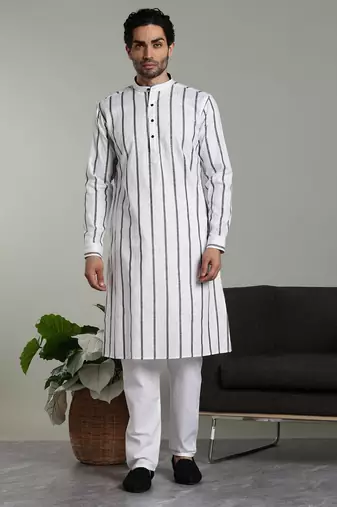 Mens stylish white linen kurta pyjama set