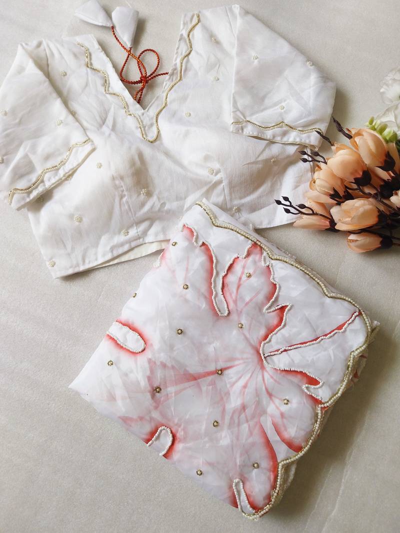 White Color Pearl Handwork Embroidery CutDana Work Organza Tabby Saree