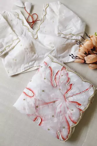 White Color Pearl Handwork Embroidery CutDana Work Organza Tabby Saree