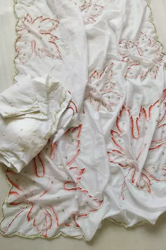 White Color Pearl Handwork Embroidery CutDana Work Organza Tabby Saree