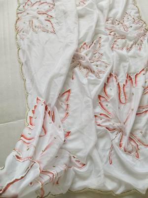 White Color Pearl Handwork Embroidery CutDana Work Organza Tabby Saree 3