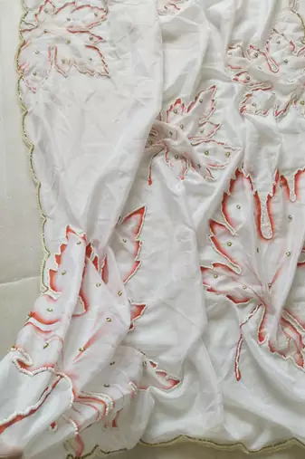White Color Pearl Handwork Embroidery CutDana Work Organza Tabby Saree