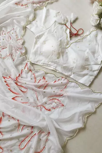 White Color Pearl Handwork Embroidery CutDana Work Organza Tabby Saree
