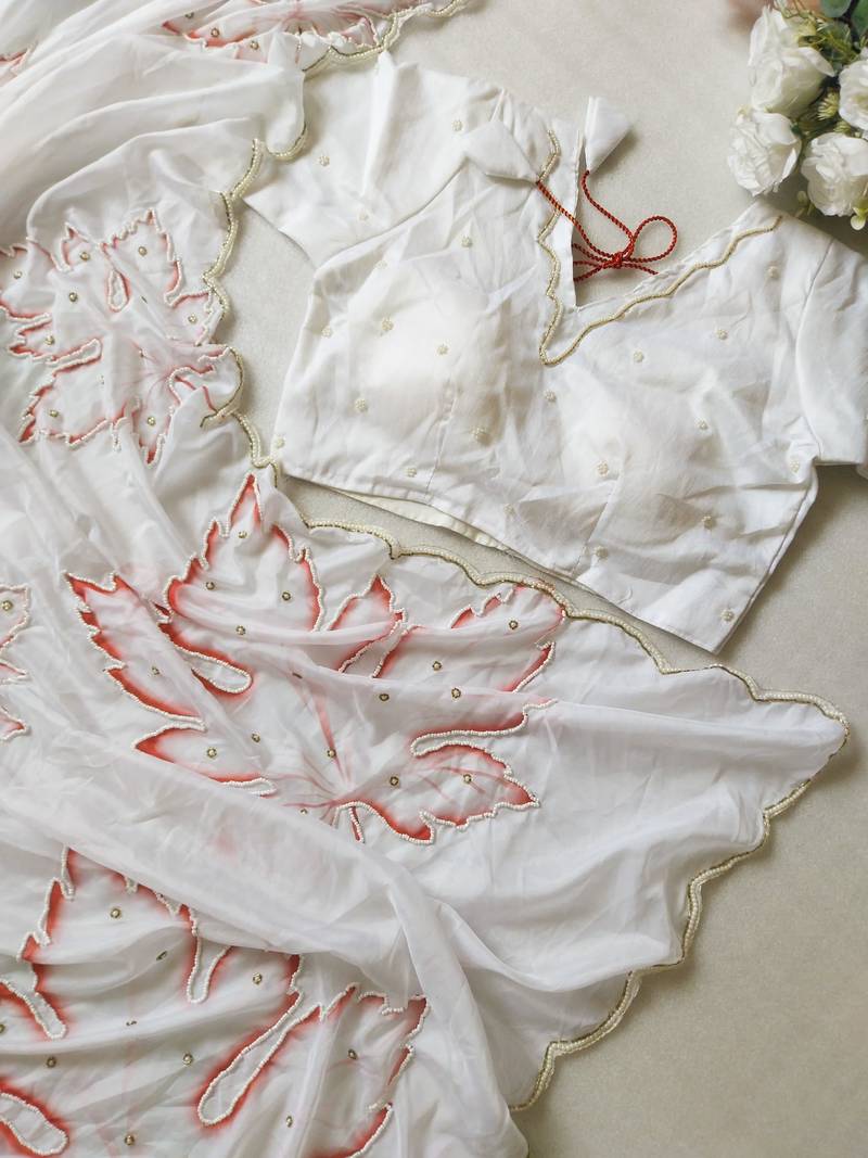 White Color Pearl Handwork Embroidery CutDana Work Organza Tabby Saree