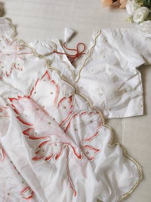 White Color Pearl Handwork Embroidery CutDana Work Organza Tabby Saree 5