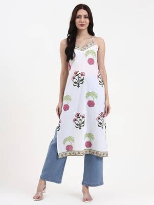 white floral block print cotton straight kurta 1