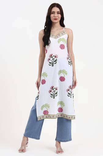 white floral block print cotton straight kurta