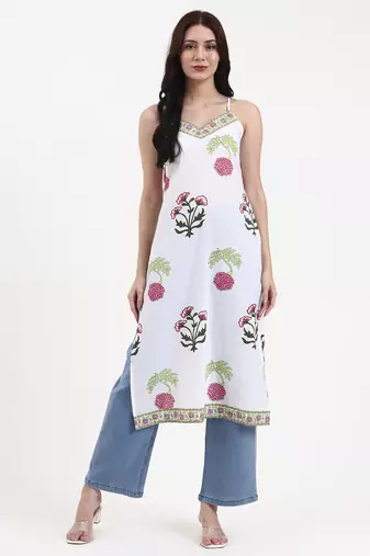 white floral block print cotton straight kurta
