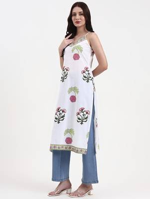 white floral block print cotton straight kurta 2