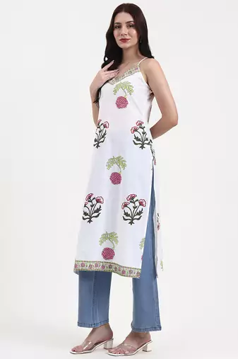 white floral block print cotton straight kurta