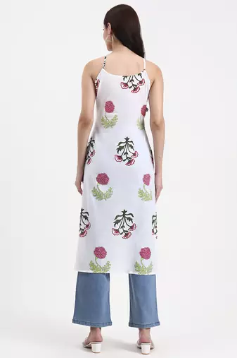 white floral block print cotton straight kurta