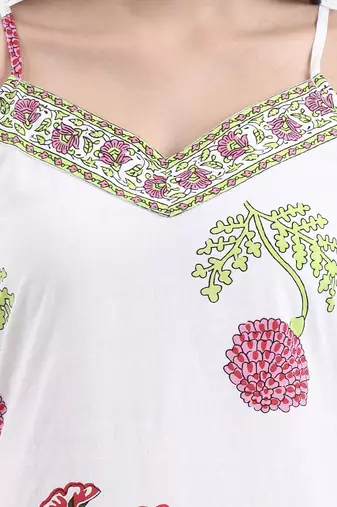 white floral block print cotton straight kurta