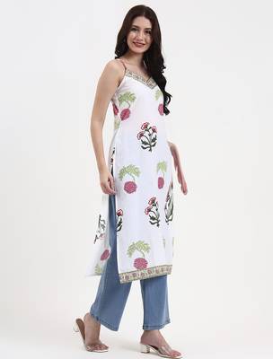 white floral block print cotton straight kurta 5