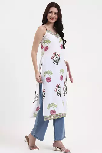 white floral block print cotton straight kurta