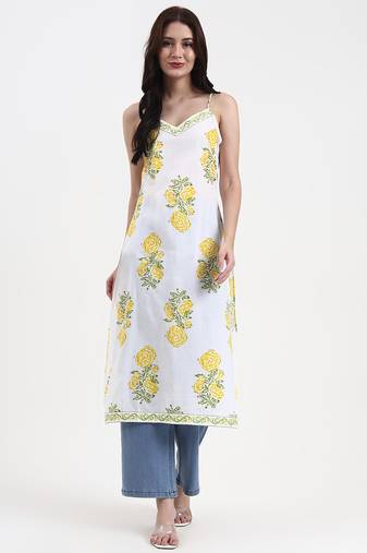 white floral print cotton straight kurta