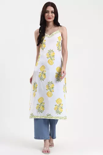 white floral print cotton straight kurta