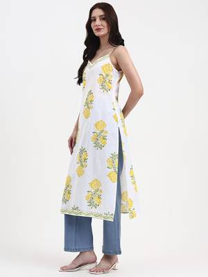 white floral print cotton straight kurta 2