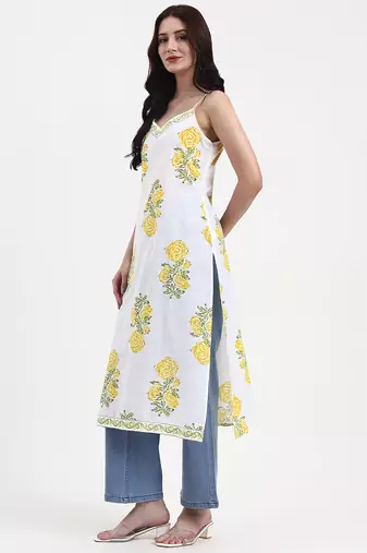 white floral print cotton straight kurta