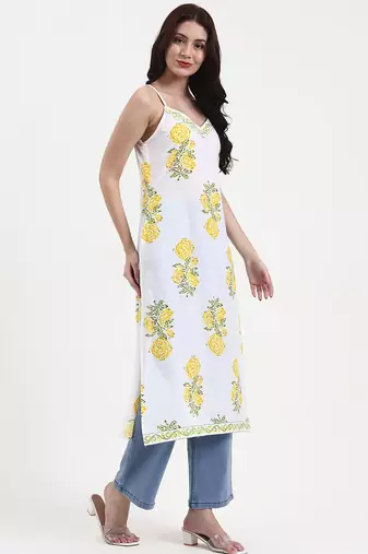 white floral print cotton straight kurta