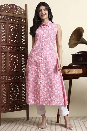 cotton pink sleeveless kurta