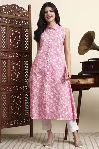 cotton pink sleeveless kurta
