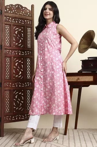 cotton pink sleeveless kurta
