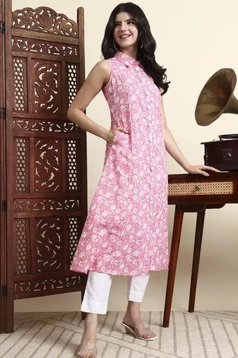 cotton pink sleeveless kurta